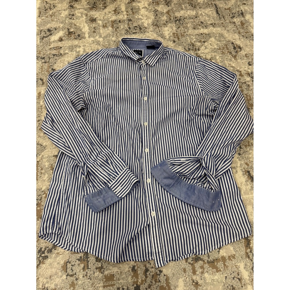 Armani Exchange Mens Slim Fit Striped Button Down Shirt Blue White XL Flip Cuff
